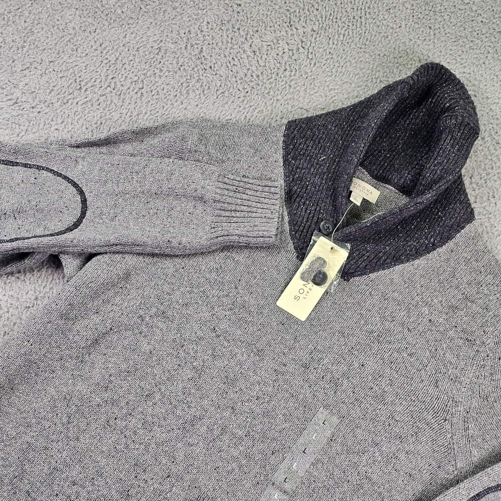 Sonoma Life +‎ Style Sweater Mens Large Gray Chunky Knit Shawl Collar Pullover